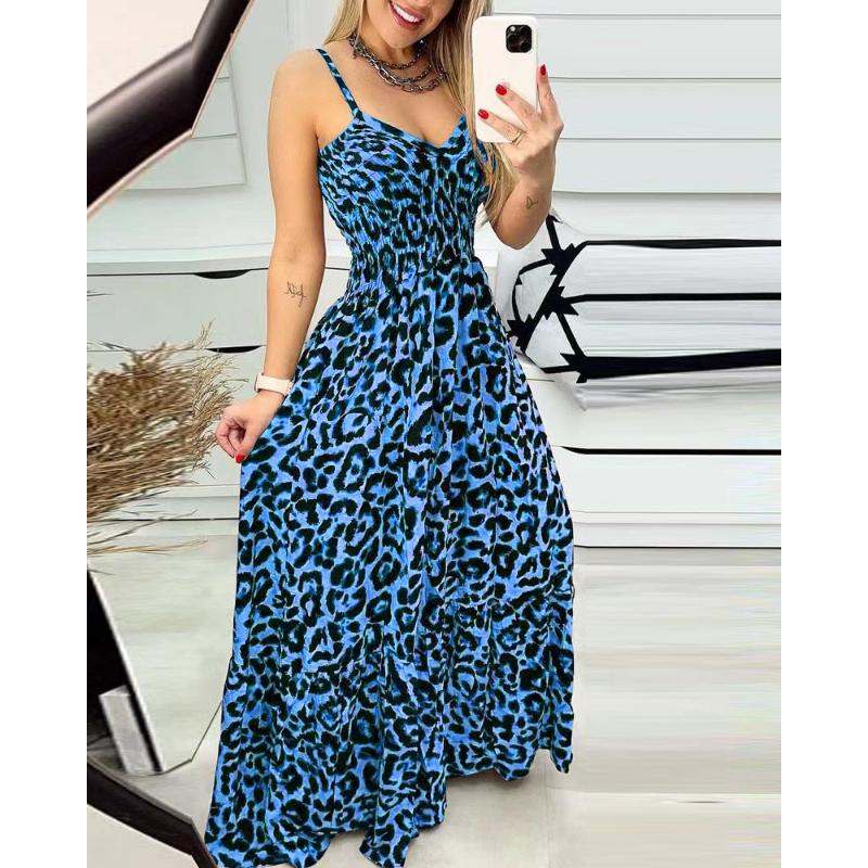 Sommer Frau Halfter Kleid Leopard Print Halter V-ausschnitt Kleid Hohe Taille Kleid Sexy Temperament Mode Lange Kleid 4XL blau