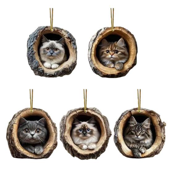 Yousheng 2D Katze Dekoration zum Aufhängen Acryl Katze im Baumloch Dekoration Weihnachtsbaumschmuck für Katzenliebhaber Geschenk Festliche Dekoration 1 Set