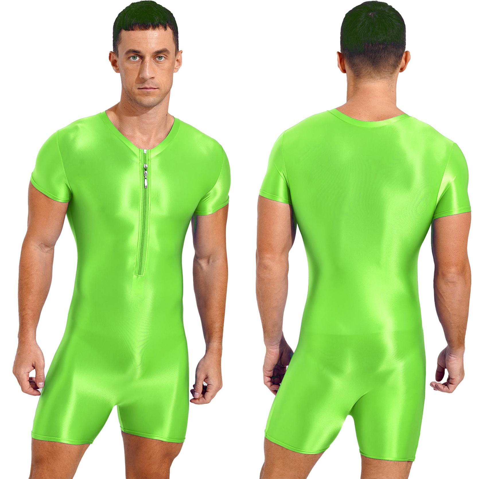 Herren-Badeanzug, kurzärmelig, Reißverschluss, Overall, glänzend, dehnbar, Rundhalsausschnitt, Sport-Fitness-Badeanzug fluoreszierende grün