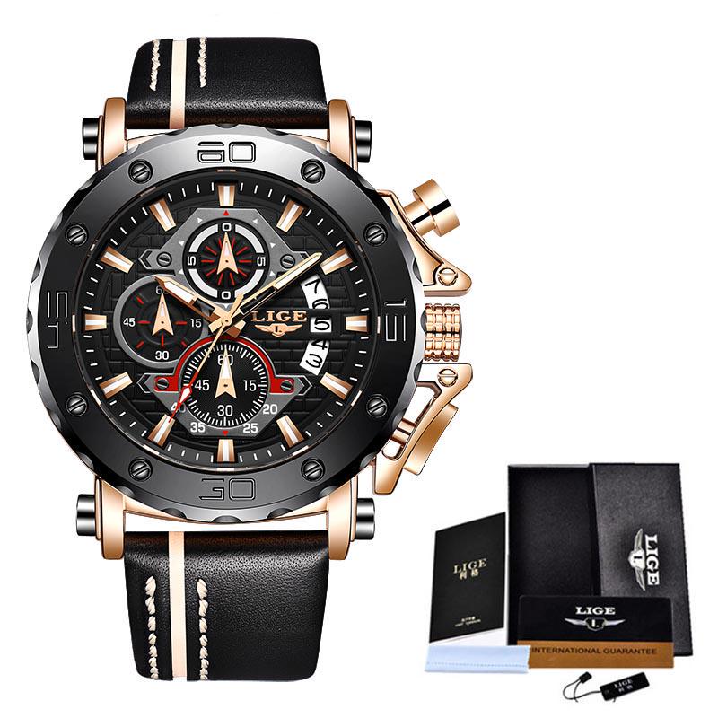 2020 LIGE Neue Herren Uhren Top-marke Luxus Große Zifferblatt Militär Quarzuhr Leder Wasserdichte Sport armbanduhr Männer Reloj hombre gold/schwarz