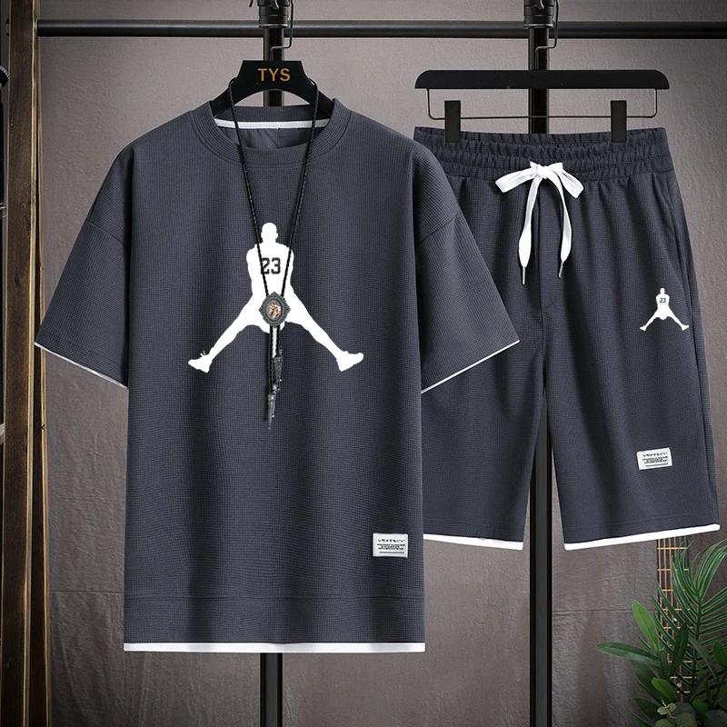 2025Summer Brand Fashion Men's Waffle Casual T-shirt and Shorts Set Basketball Athletics Breathable Quick drying 2-piece set S