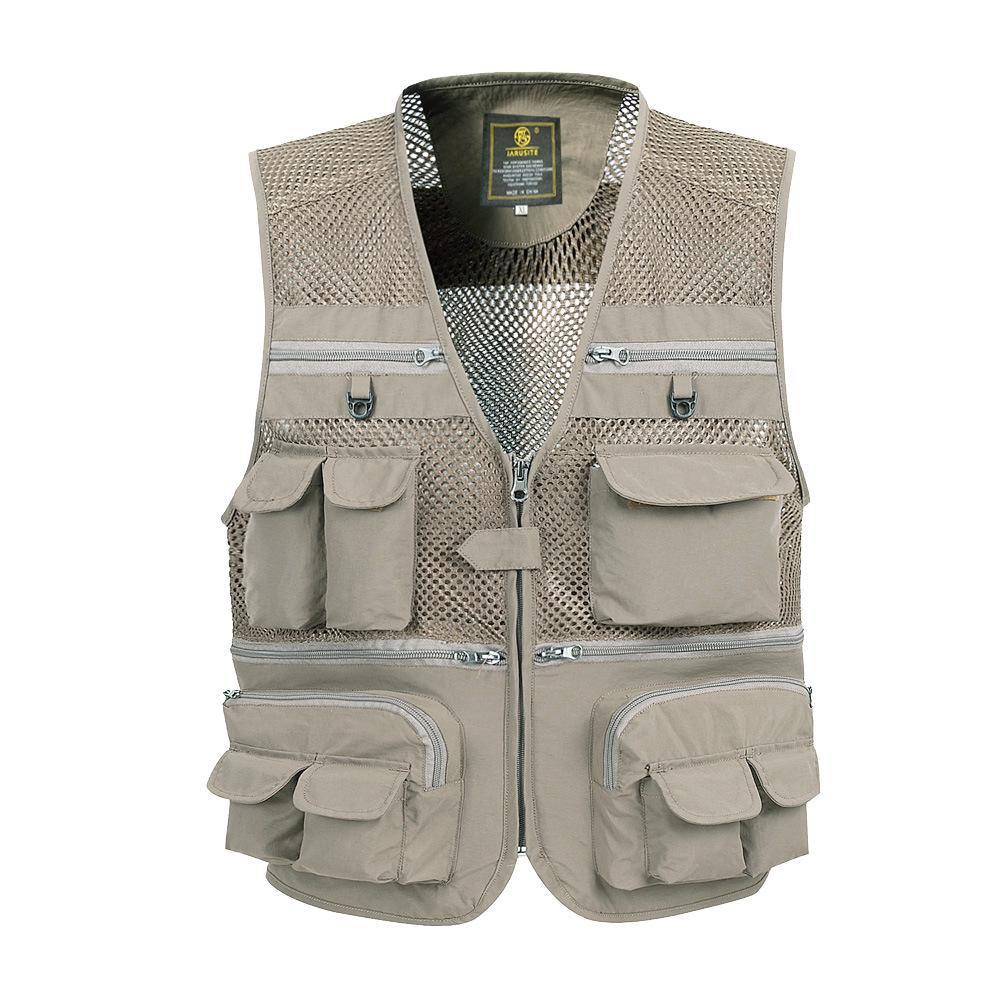 2019 Angeljacke, Angelweste, Netzweste, multifunktional, für Outdoor-Fotografie, Outdoor-Angeln, Schulterweste mit mehreren Taschen 2XL beige