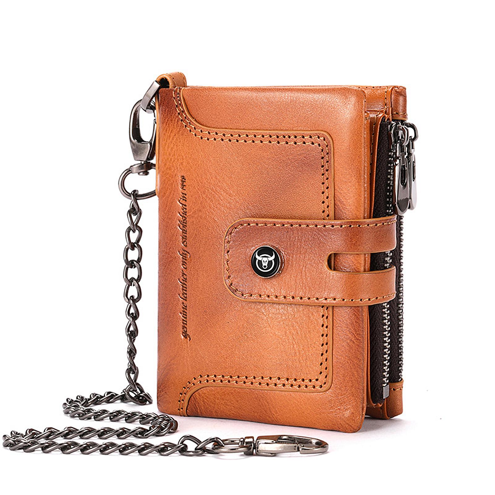 Herren-Geldbörse mit Kette, echtes Leder, zweifach gefaltet, multifunktionale, diebstahlsichere Geldbörse für mehrere Karten gelb