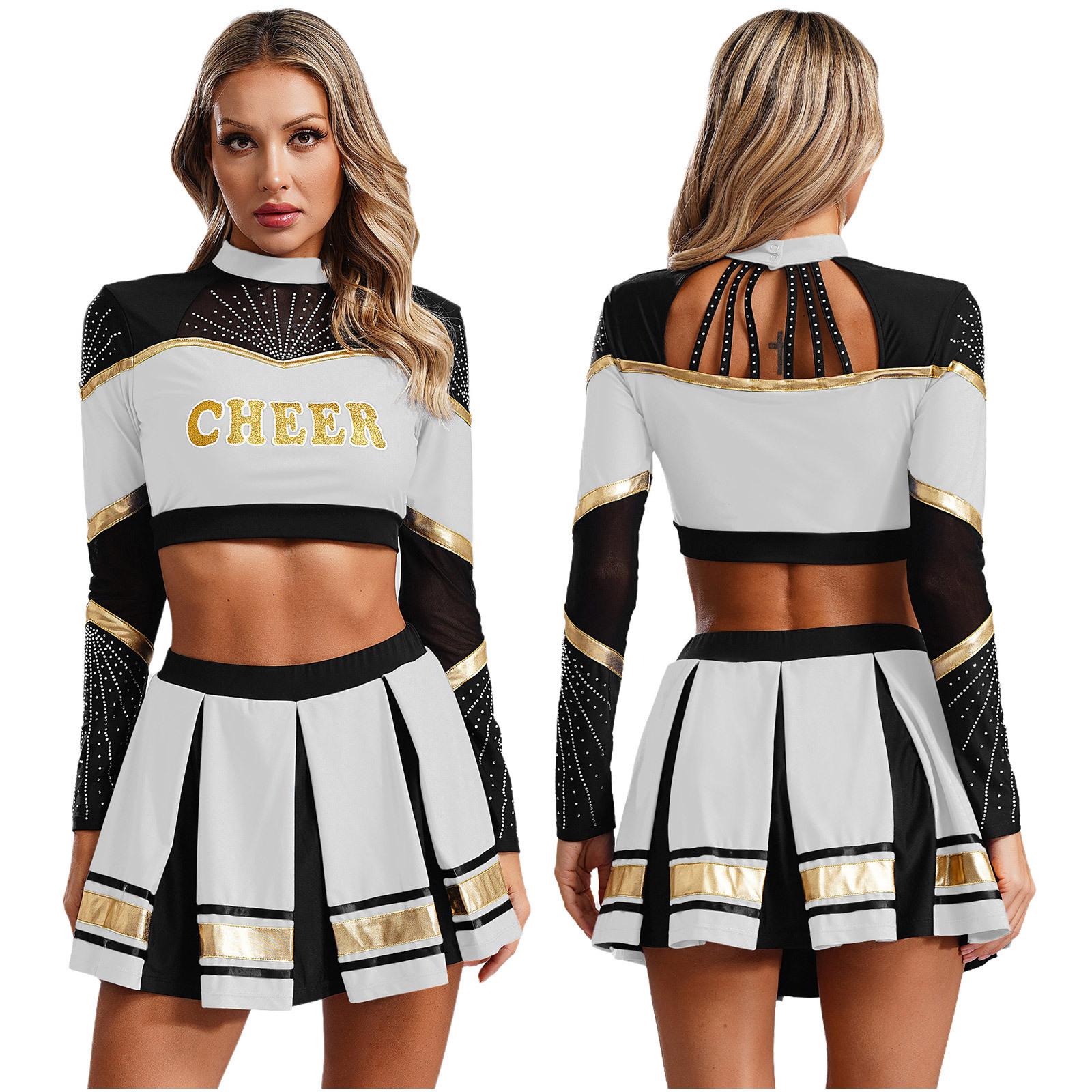 Cheerleader-Kostüme für Damen, Cheerleading-Uniformen, langärmeliges bauchfreies Top, plissierter A-Linien-Minirock, Performance-Tanzkleid XXL weiß