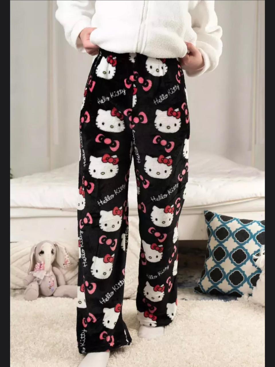 Halloween Kawaii Hello Kitty Flanell-Pyjamahose Damen Winter Fleecegefüttert Warm Lounge Kordelzug Jogginghose L black