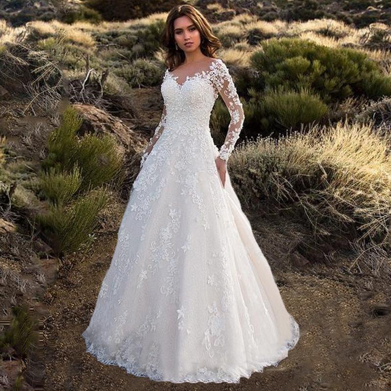 Damen V-Ausschnitt Langarm Maxikleid Gerader Schnitt Hohe Taille Spitze Großer Schwing Schwung Hochzeits Brautkleid 3XL weiß