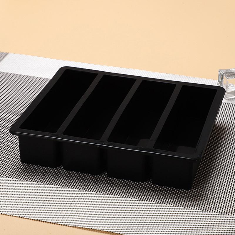 Lange Eiswürfelschale mit 4 Fächern, wiederverwendbare Eiswürfelform aus Silikon, DIY-Eismaschine, lebensmittelechte, langlebige Eisform aus Silikon schwarz