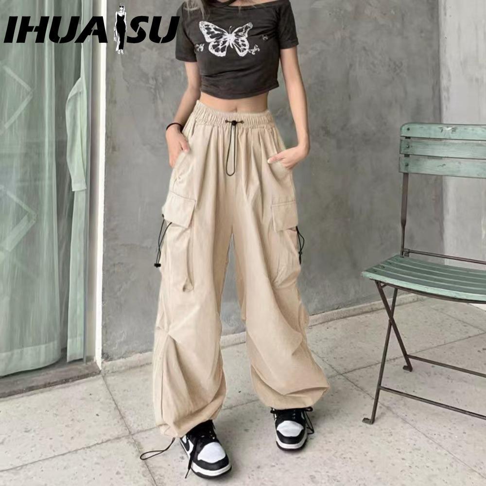 IHUASU Damen Hip Hop Cargo Hose Baggy Einfarbig Elastischer Bund Hose Locker Atmungsaktiv Damen Hose L rosa