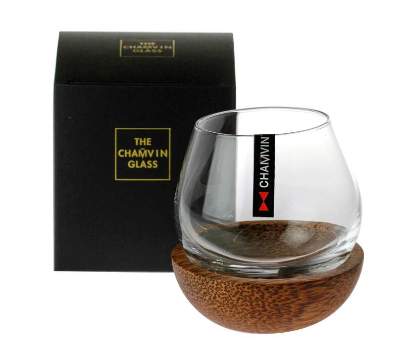 Langsam drehender kugelförmiger Whisky-Felsglas-Match Holzpalette Roly-Poly-Design Geschmack Kreativ Brandy-Gläser Whisky-Tumbler-Halter 340ml transparent