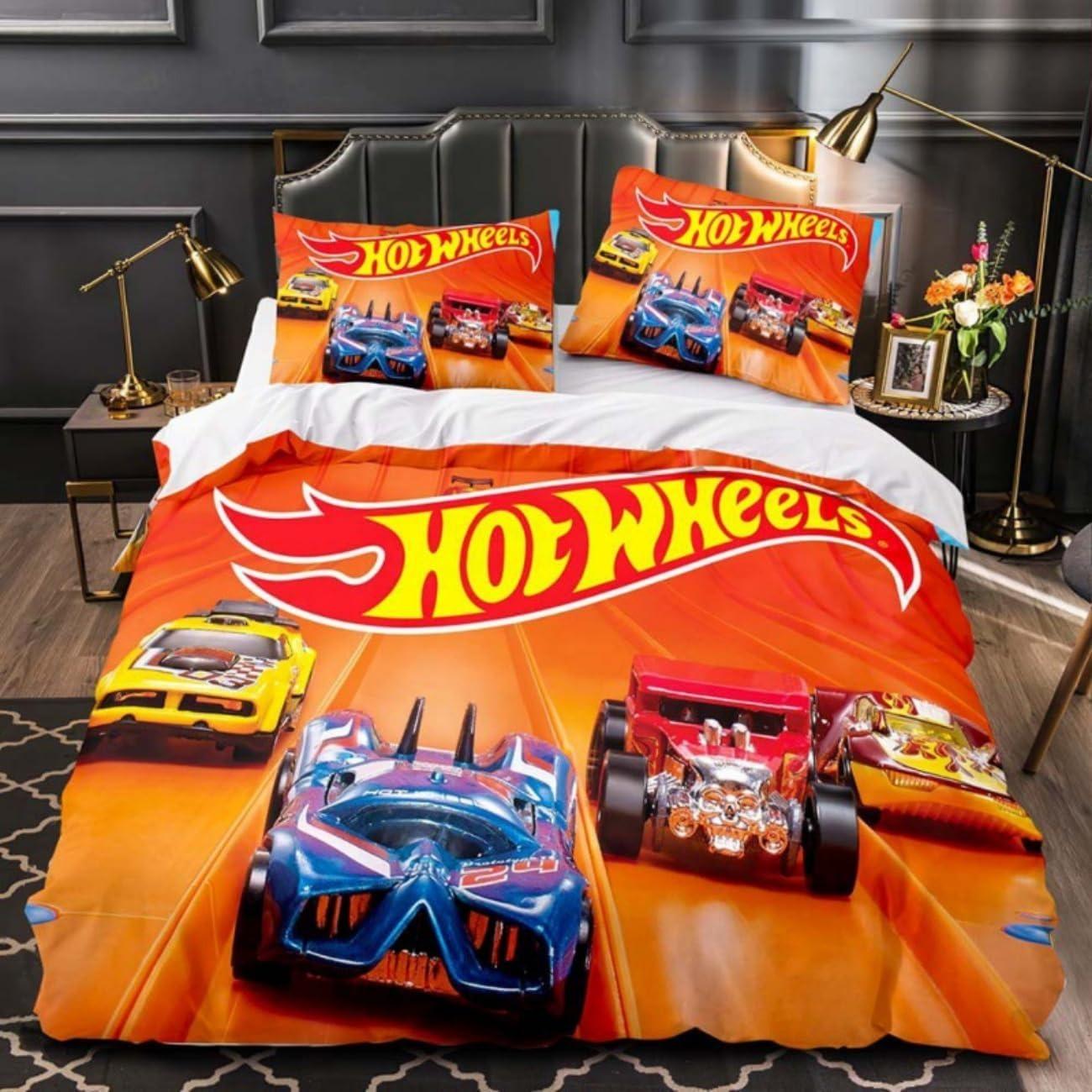 Süße Hot Wheels Cartoon Bettwäsche-Sets Exquisites Bettwaren-Set Bettbezug Bettdecke Set Bettwäsche-Set Luxuriöses Geburtstagsgeschenk 155x215cm 3pcs