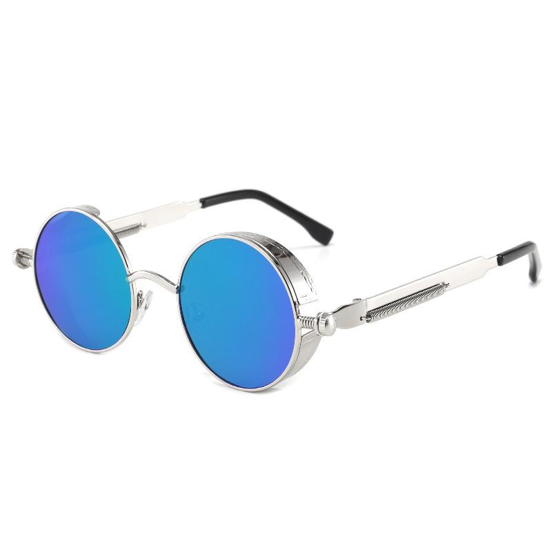 Klassische Gothic Steampunk Sonnenbrille Luxus Hochwertige Retro Sonnenbrille mit rundem Metallrahmen für Männer und Frauen, nicht polarisierte Brille blau/silber