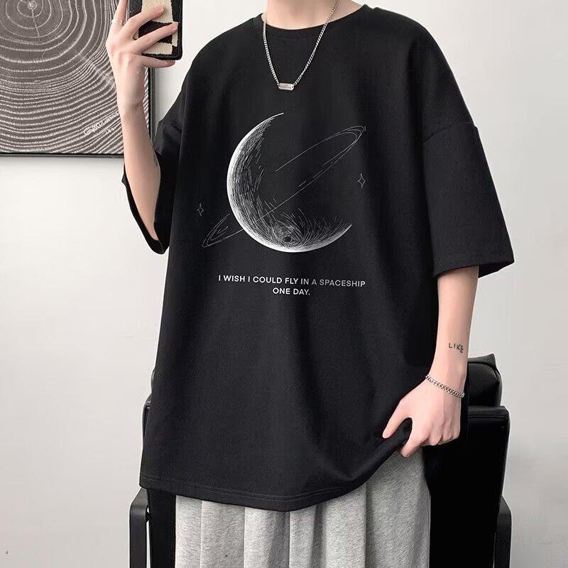 Kurzarm-T-Shirt Herrenmode Marke Sommer Lose Halbarm 2024 Neue Internet Celebrity Fashion Ins Einfach Bedrucktes Oberteil 8XL schwarz