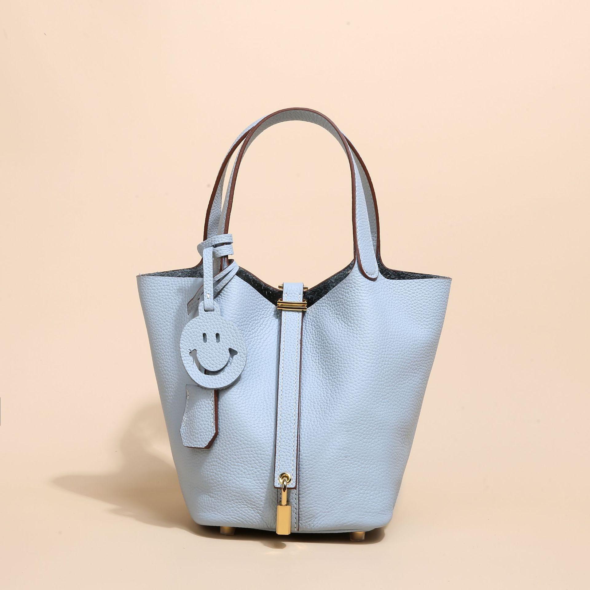 Echtes Leder Damen Gemüse Korb Tasche Tasche Herbst und Winter Litschi Muster Eimer Tasche Handtasche für Frauen blau