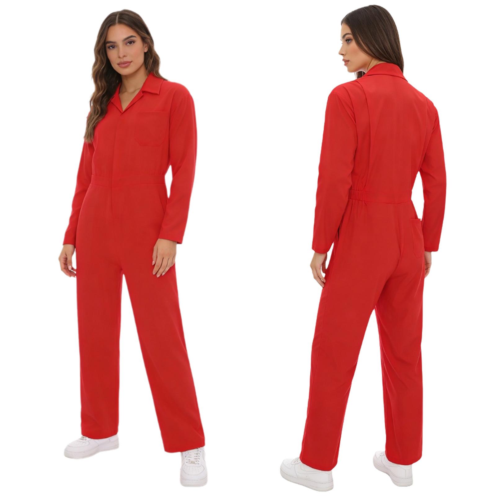 Damen Vollkörper Langarm Umlegekragen Reißverschluss Overall Arbeitskleidung Jumpsuit M rot
