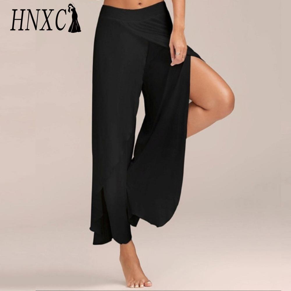 HNXC 10 Farben Damen Palazzo Boho Weitbein Hose Chiffon Rock Schlaghose Yoga Hose Übergröße XXXL schwarz