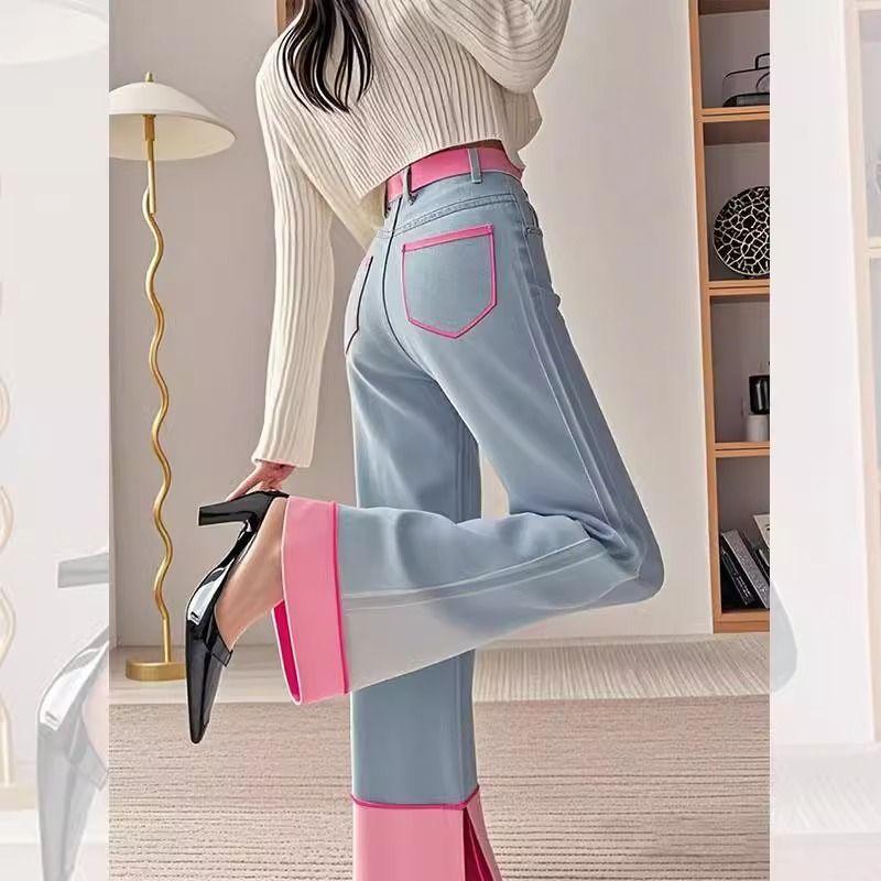 Süße und coole Farbblock-Denim-Hose mit weitem Bein für Damen, hoch tailliert, locker, lässige Hose M