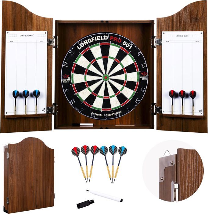 Schrank Pfeilschrank aus Holz mit offizieller Wettkampf-Sisal-Dartscheibe + 2 Sätze Darts 18 GR, Kreide und Schwamm