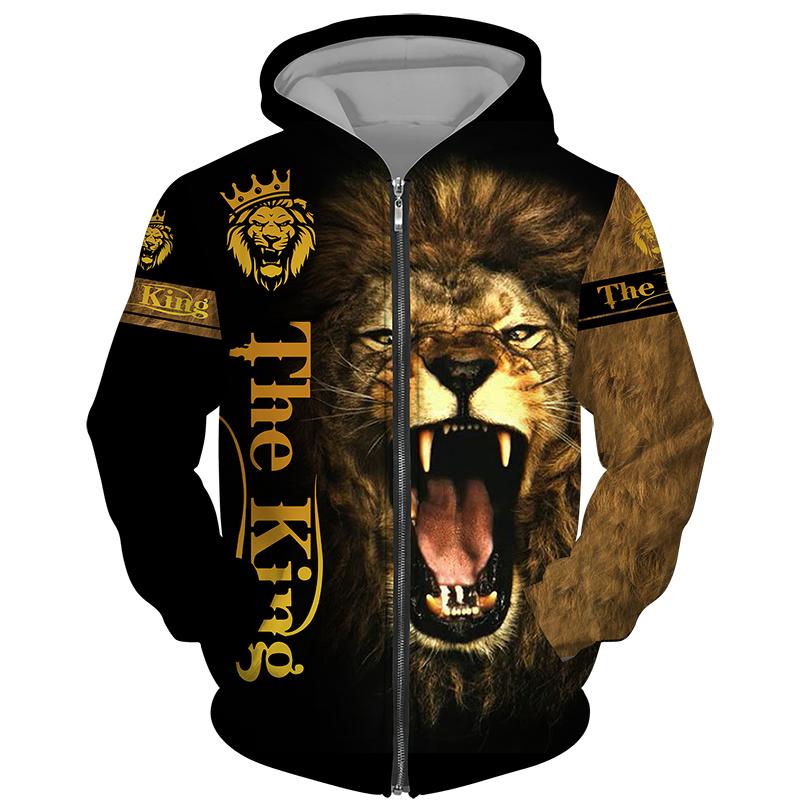 Frühling Herbst männer Zipper Hoodie Sweatshirts 3D Tier Löwe Tier Druck Mit Kapuze Pullover Mode Jacke Casual Sportswear 5XL black