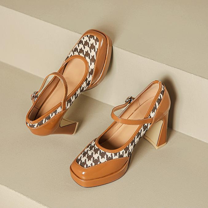 Damen Mary-Janes-Pumps mit Blockabsatz und Plateau, mit Schnalle, Riemchen und quadratischer Zehenpartie, elegante Schuhe für Damen, Mary-Janes-Pumps mit klobigem Absatz, geschlossene Zehenpartie 40 braun