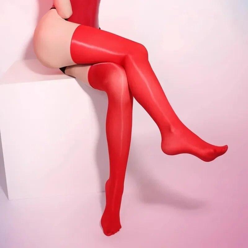 Transparente Strümpfe mit hohen Oberschenkeln, Übergröße, lange elastische Socken, Damen-Nachtclub, ölglänzende, dünne Strümpfe für Strumpfgürtel 1Pair rot