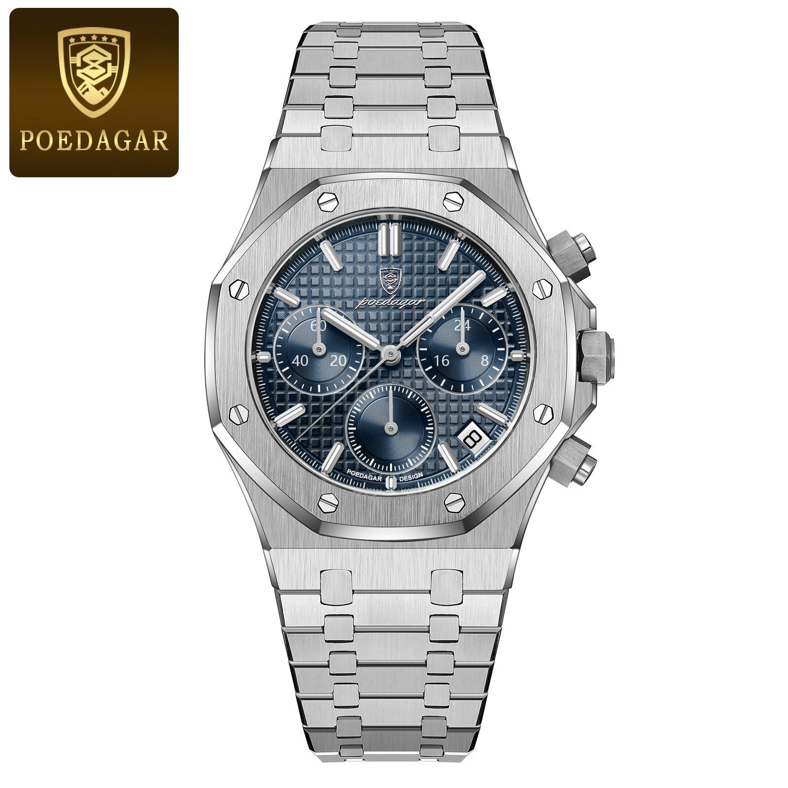 POEDAGAR Herrenuhren Feiner Stahl Modische Original-Quarzuhr für Männer Wasserdicht Leuchtende Datums-Chronograph Luxus-Armbanduhr blau/silber