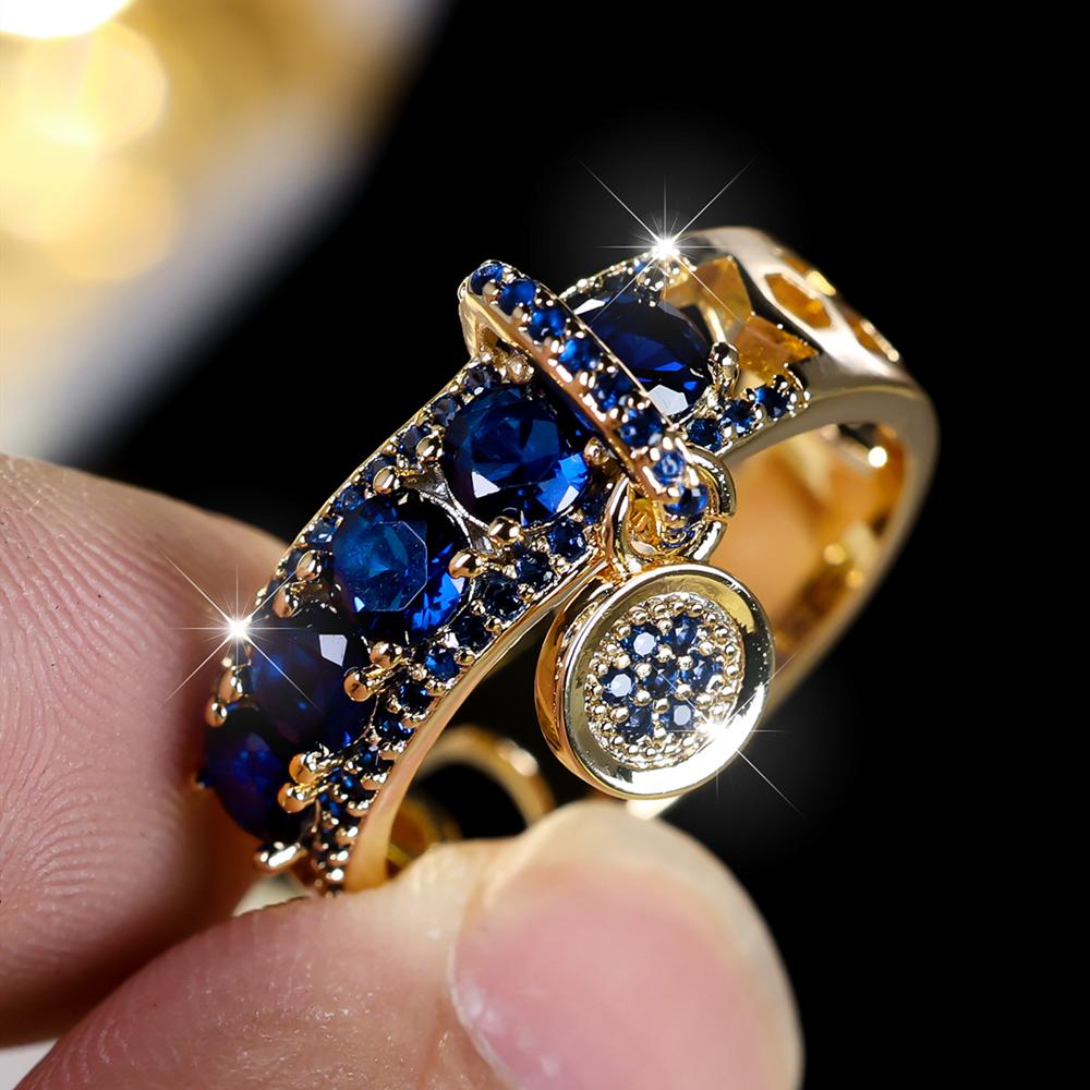 Vintage Royal Blau Kristall Ring für Frauen Luxus Gold Farbe Hochzeit Ringe Runde Anhänger Ring Engagement Schmuck Geschenke 9 gold/blau