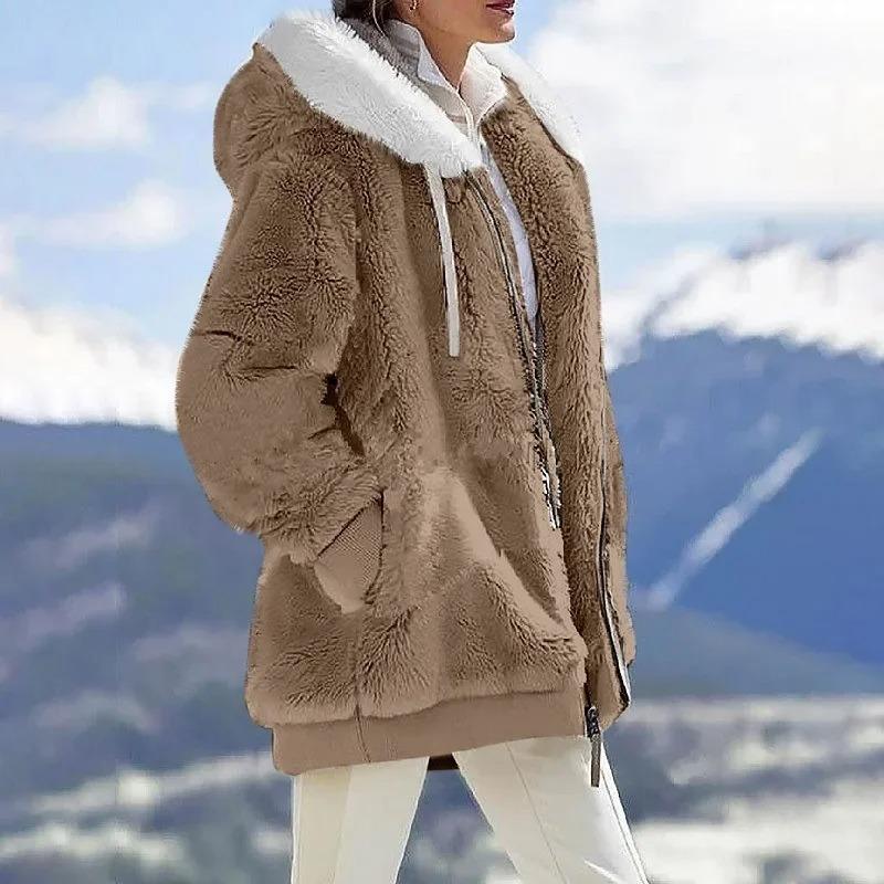 Wintermode Damenmantel Lässig Mit Kapuze Reißverschluss Damenkleidung Kaschmir Damen Fleecejacke Einfarbig Damenmäntel XXS khaki