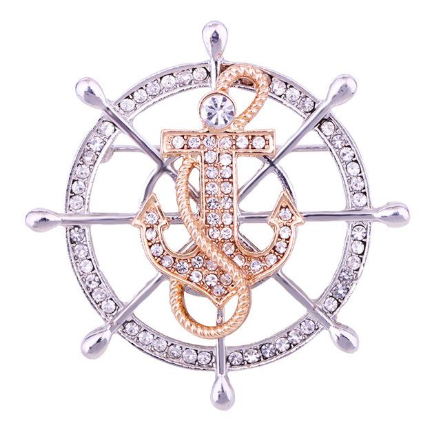 Neue High-End-Strass Kristall Ruder Anker Brosche Pin Herren Anzug Mantel Revers Pins Abzeichen Corsage Luxus Schmuck Zubehör white