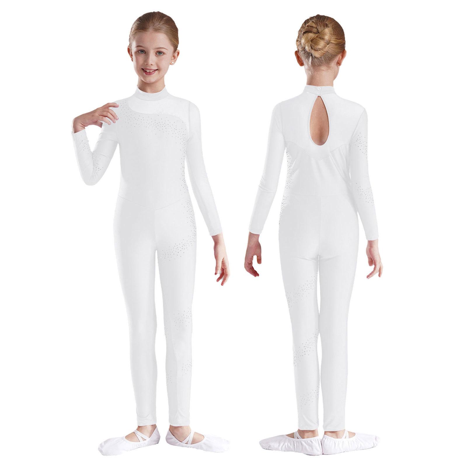 Kinder Mädchen Strass Langarm Ganzkörper Jumpsuit Strampler Turnanzug Unitard für Ballett Tanz Gymnastik 5-6 Years weiß