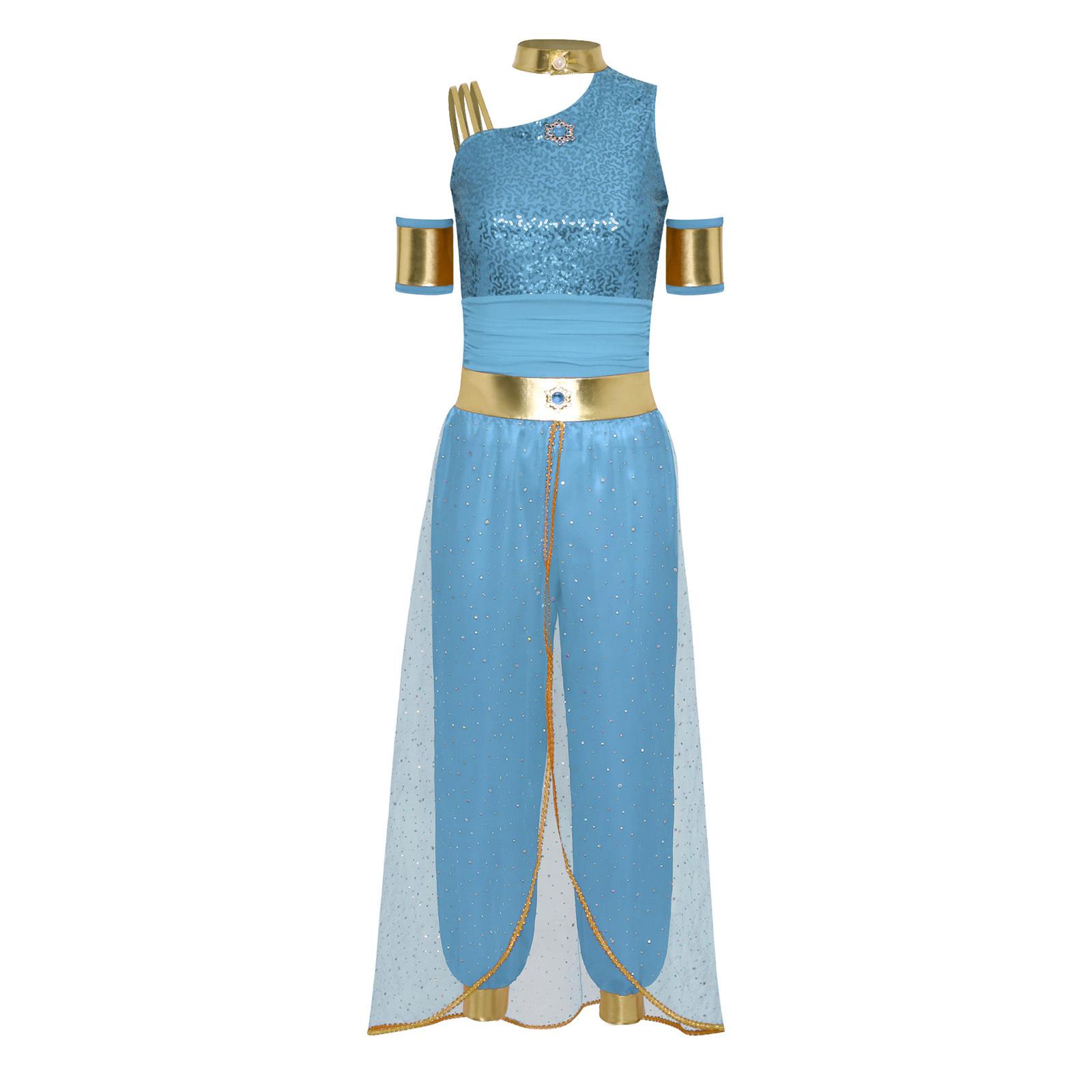 Damen Arabische Prinzessin Cosplay Bauchtanz Kostüm Edelstein-Verzierung Kontrastfarbe Glänzendes Tüll-Überlager Jumpsuit 3XL himmelblaue