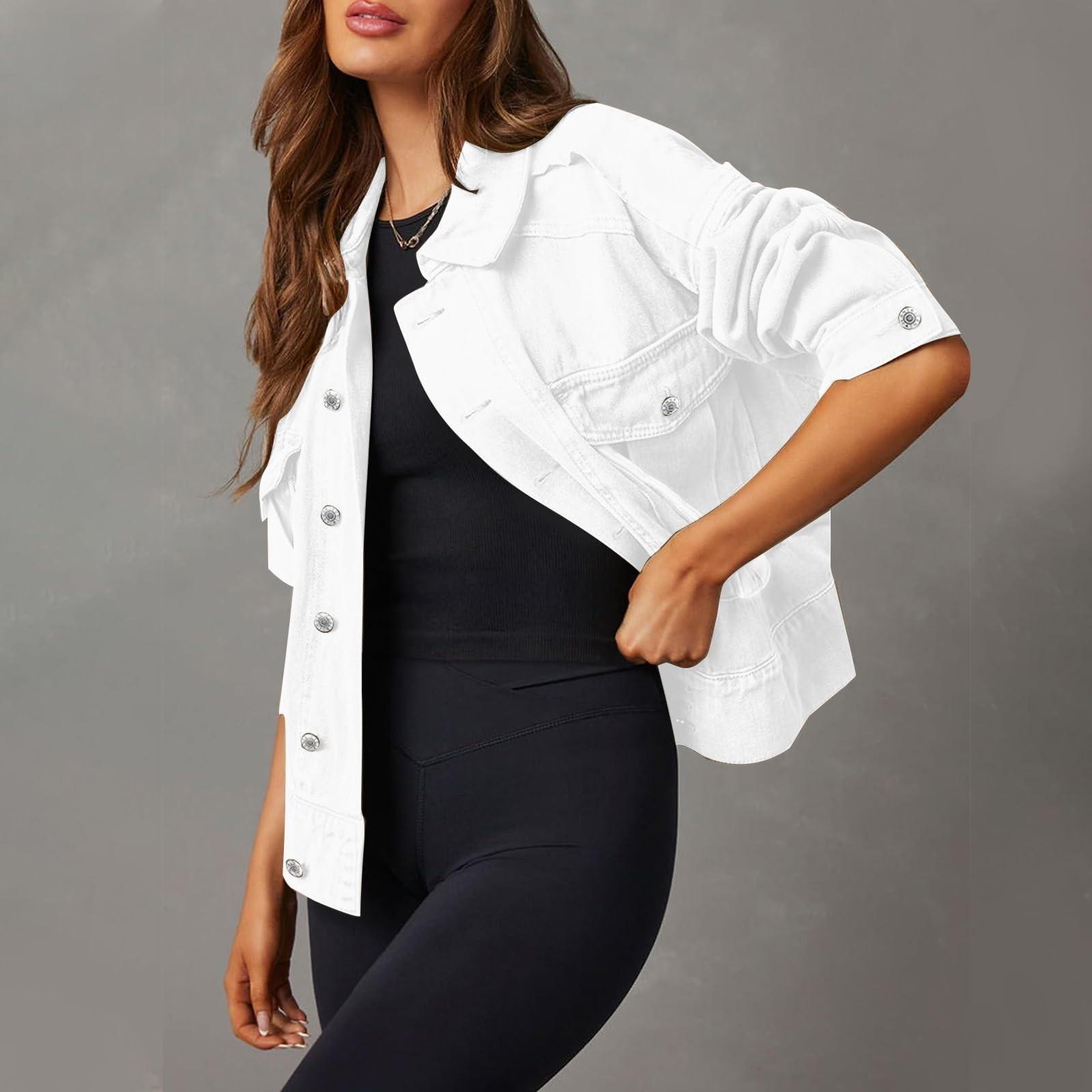 Damen Stretch-Jeansjacke Langarm-Jeansjacke Trucker-Jacke mit Tasche M weiß