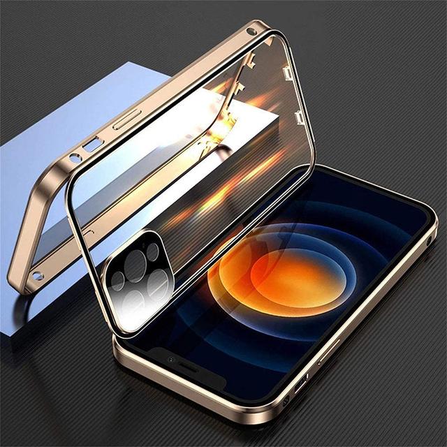 360 Rundumschutz Metall Magnetische doppelseitige Glashülle für IPhone 14 12 11 Pro 13 Max Plus Objektiv Kameraschutzabdeckung For iPhone11 gold