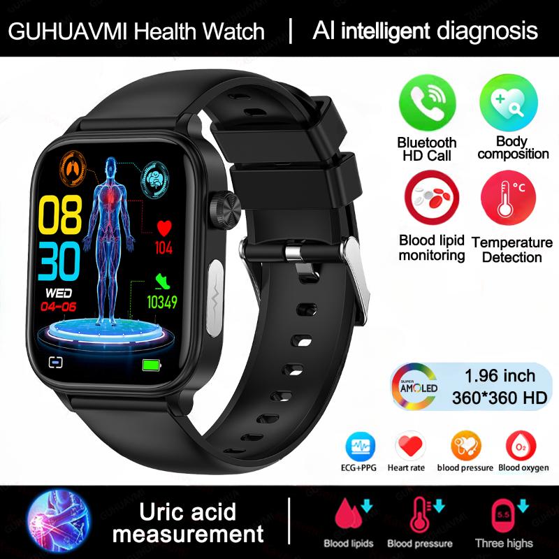 2025 Neue EKG+PPG Blutfett Harnsäure Gesundheits-Smartwatch Herren Herzfrequenz Blutdruck Bluetooth Anruf Smartwatch Damen Black silicone belt