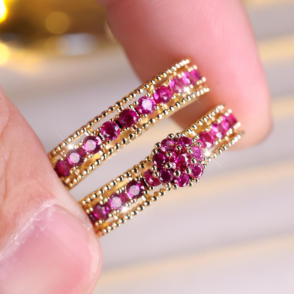 Modisches 2-teiliges Set mit blumenförmigen Zirkonia-Ringen für Frauen, luxuriöse, elegante Verlobungsringe, Party-Schmuckgeschenke 9 gold/rose rot