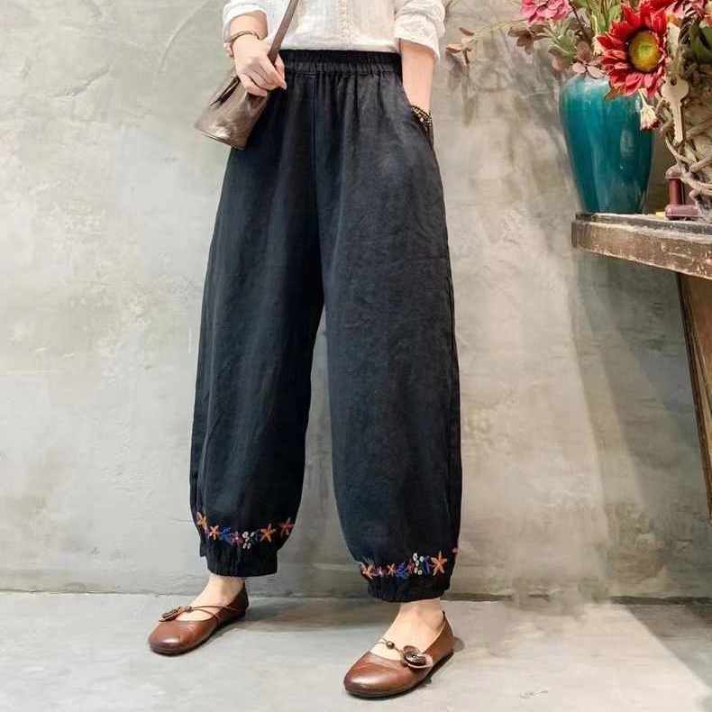 Sommer Damen Retro Übergröße Cropped Pants Haren Pants Einfarbig Damen Baumwolle und Leinen Casual Pants 3XL schwarz