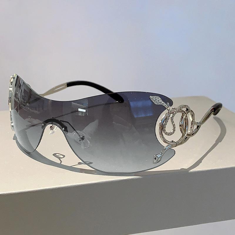 Y2K Randlose Sonnenbrille Damen für Herren Einteilig Trendig Übergroß Sonnenbrille Metall Schlange Rosa Fahren Radfahren Reisen Schattierungen