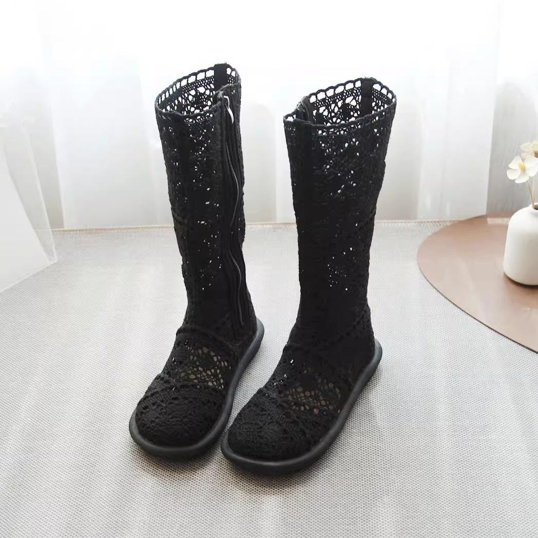 2025 Europäische und amerikanische neue Frühjahr/Sommer flache Absätze kurze Stiefel flache Sohle hohle Mesh-Stiefel Damen coole Stiefel 40 schwarz