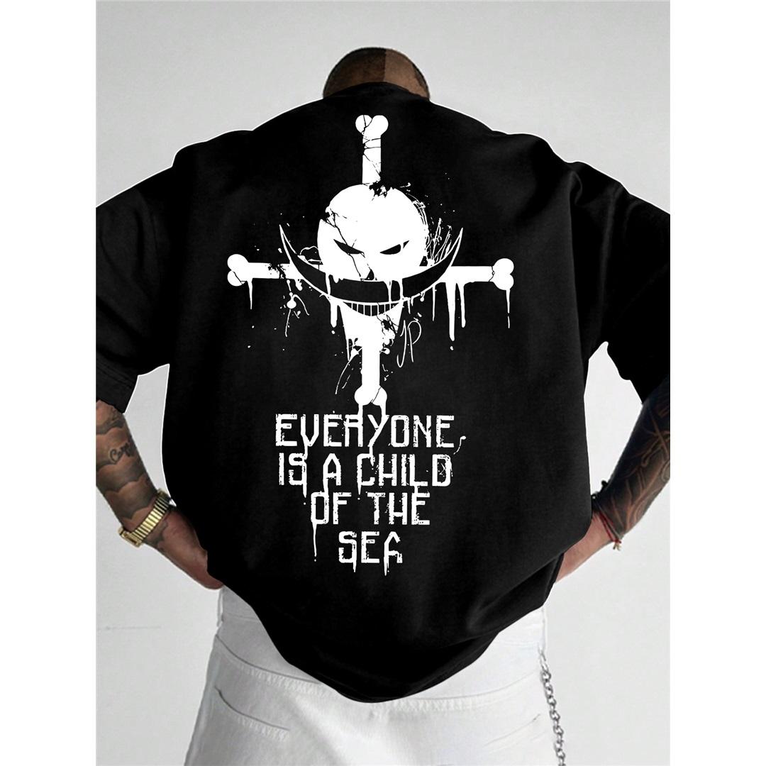 ONE PIECE Animations-Derivate Weißbart Edward·Newgate Bedrucktes Kurzarm-T-Shirt Herrenmode Lockeres Baumwoll-Oberteil XL schwarz