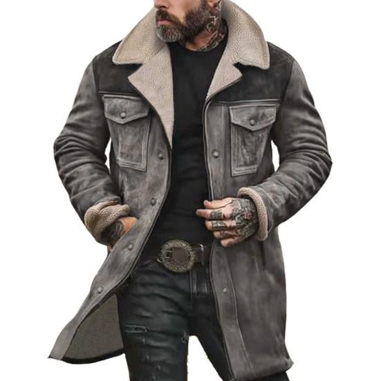 Herrenjacke mit großem Plüschrevers, langen Ärmeln, Vintage-Wildlederjacke mit Taschen, Reißverschluss, mittellanger Motorradmantel XL grau