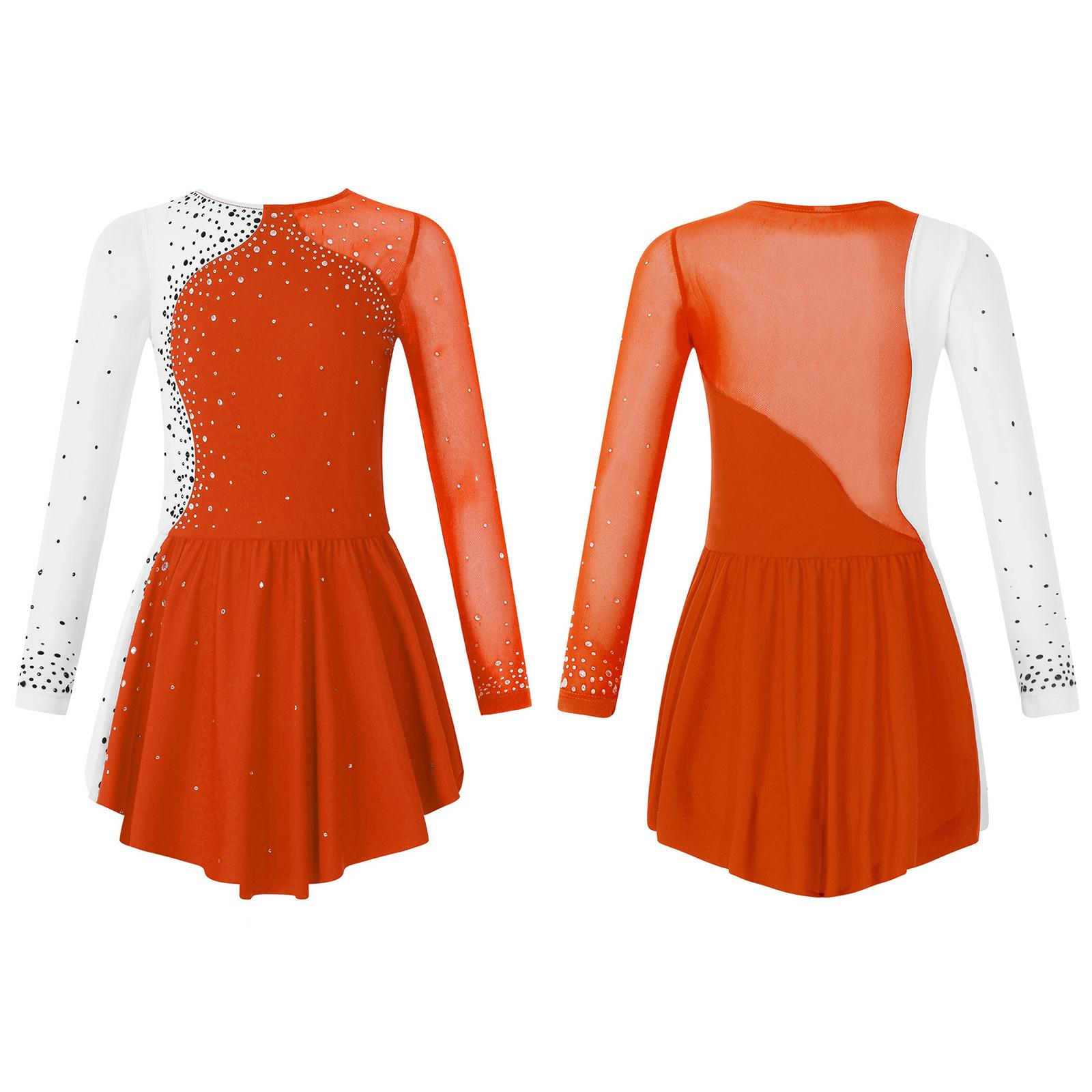 Kinder Mädchen Tanzkleidung Langarm Rundhalsausschnitt Strass Dekor Kontrastfarbe Skating Kleider 7-8 Years orange