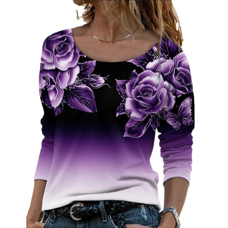 YYFS Damenmode, lässig, Frühling und Herbst, Blumenmuster, bedruckt, langärmelig, O-Ausschnitt, Blusen und Hemden M violett