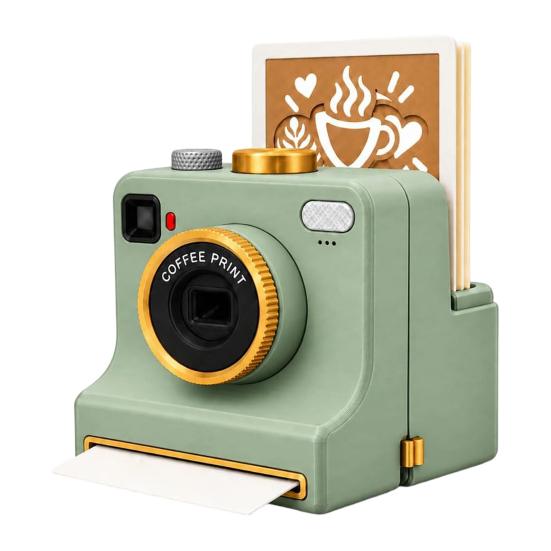 Latte Art Kamera 3D-gedruckte Kamera, Manuelles Kaffeepulver-Drucker mit Retro-Design-Werkzeugschablonenkarten, Kakao-Zimt-Schablonenhersteller für Cappuccino grün