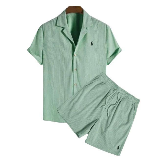 Herren-Shorts-Sets Mode Einfarbig Urlaubs-Strand-Outfit Sommer Trainingsanzüge Revers-Knopfhemd und Shorts Lässige Zweiteiler 5XL grün