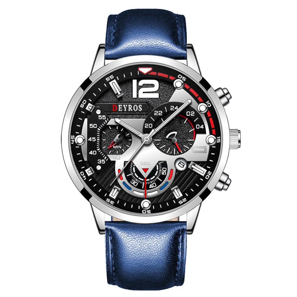 Mode Schwarz Männer Uhren Mann Kalender Quarz Armbanduhren Männer Casual Business Uhren Luxus Herren Runden Zifferblatt Analog Uhr silber/blau