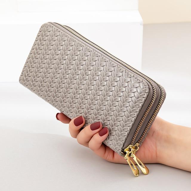 Damen-Geldbörse mit doppeltem Reißverschluss, lange Geldbörse, große Kapazität, Clutch, Leder, Handytasche, Kartenhalter, Geldklammer graue