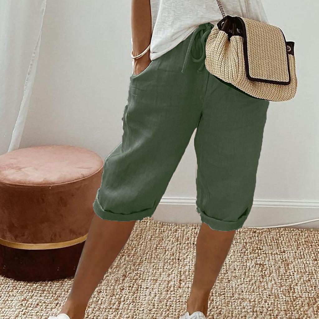 Damen-Shorts im Vintage-Stil, knielange Hose mit Taschen für Damen, atmungsaktive Hose mit elastischer Taille, einfarbig, fünf Hosen 3XL grün