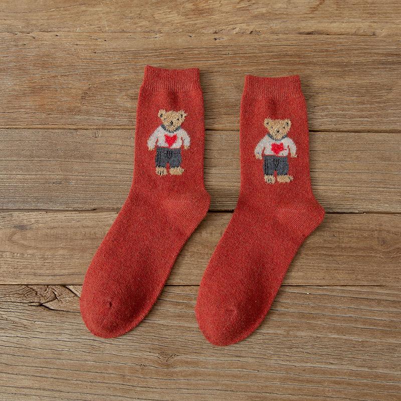Cartoon Bär Socken Frauen Herbst Winter Dicke Warme Socken Nette Kawaii Mode Socken Für Frauen rot