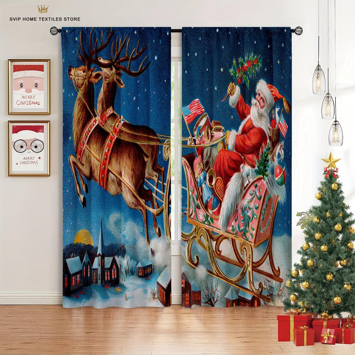 3D Cartoon Weihnachtsmann Elch Vorhänge Weihnachten Heimdeko Vorhänge 2 Paneele Wohnzimmer Schlafzimmer Balkon Küche Deko Vorhänge W50X130H(CM)X2PCS&Rod pocket brown