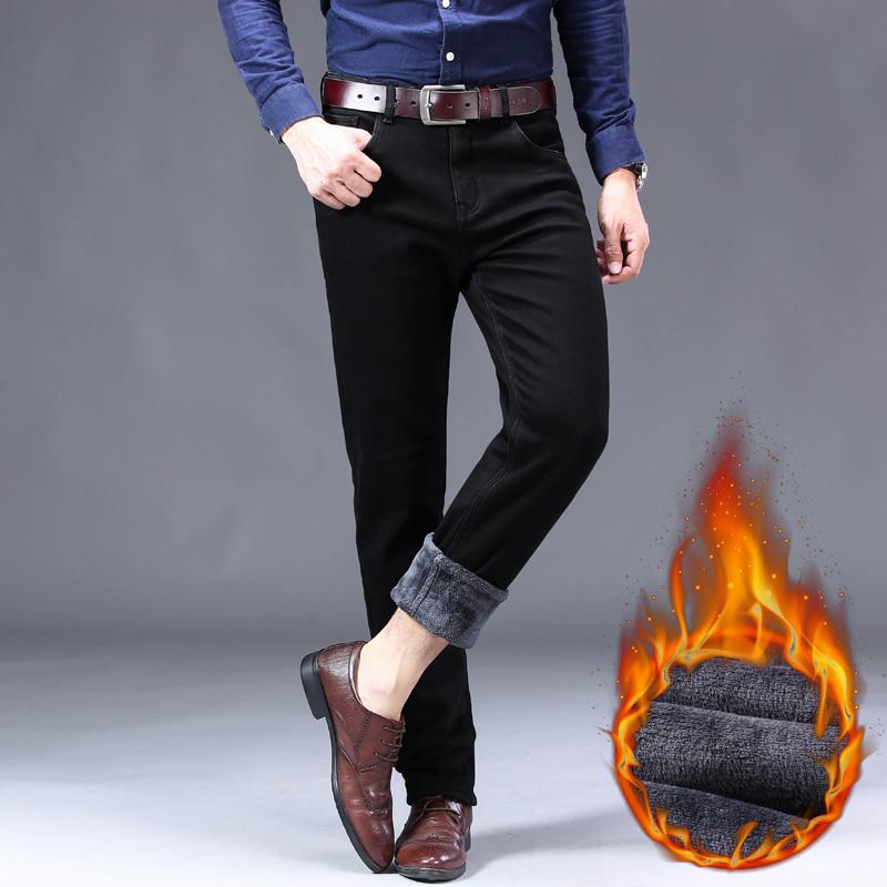 Winter Herren Warme Schwarze Jeans Klassischer Stil Business Stretch Denim Hose Männliche Marke Dicke Hose 34