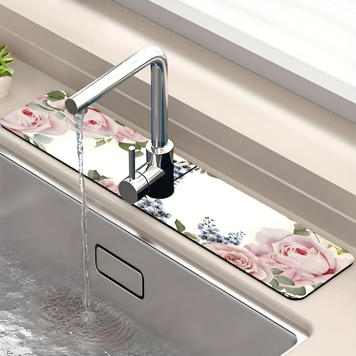 1 Stück saugfähige Matte für Waschbecken mit Blumenmuster, Drainage-Pad, Küche, Badezimmerwaschbecken, Arbeitsplatte, Abfluss-Pad, Kieselgur-Schlamm-Waschbecken, schnell trocknendes Pad 14*38cm